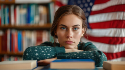 A young woman studying for a citizenship test, surrounded by books and a flag, focused expression 