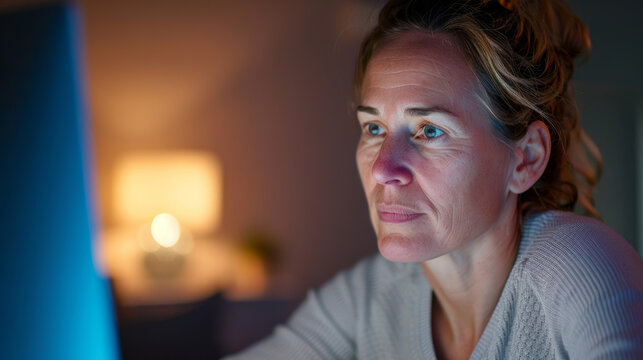 A woman using a computer to check her immigration application status, hopeful expression, home office setting 
