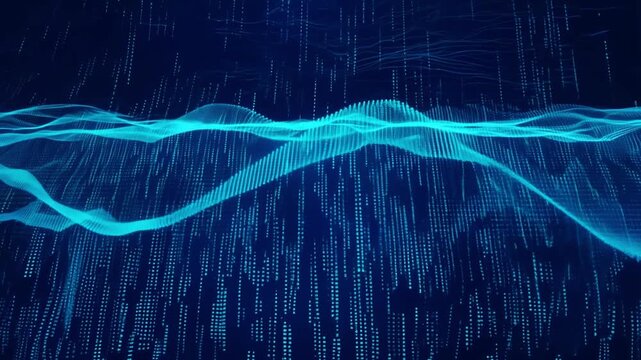 A blue wave of digital particles moves across a dark background.