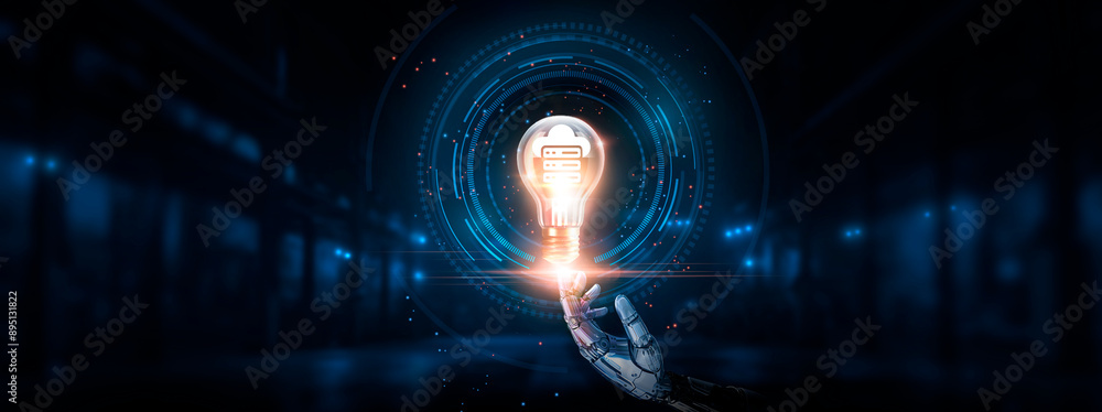Poster hosting: scalability, reliability, hand of robotic holding glowing hosting in light bulb on big data
