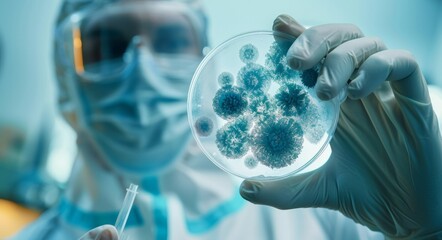 Scientist holding petri dish with microbes in laboratory, close-up view