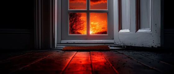 red light from window, rug-rug colored red, before window