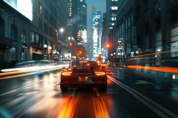 Fototapeta premium A car speeding in the city at night with taillights giving a speed impression
