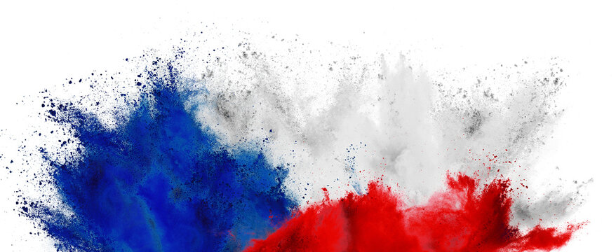 colorful flag of czech republic with white blue red color holi paint powder explosion isolated on white background. Czechia east european celebration soccer travel and tourism concept.