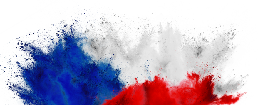 colorful flag of czech republic with white blue red color holi paint powder explosion isolated on white background. Czechia east european celebration soccer travel and tourism concept.