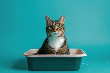 A cat in a litter box Isolated on solid color background