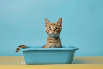 A cat in a litter box Isolated on solid color background