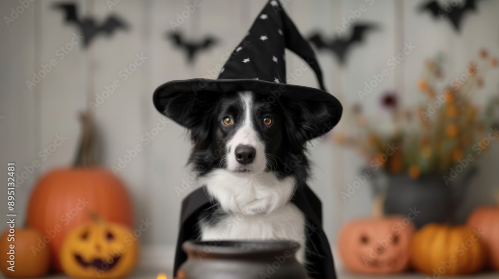 Canvas Prints Adorable dog wearing a witch hat and cloak, sitting next to a bubbling cauldron, surrounded by Halloween decorations and pumpkins 