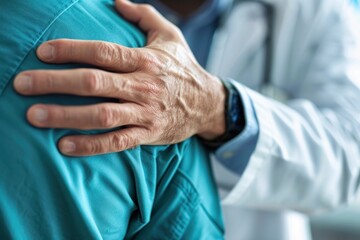 A close-up image of a doctor's hand gently touching a patient's shoulder or hand during a consultation