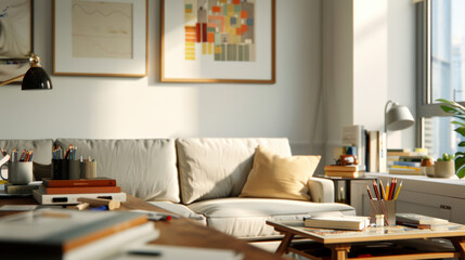 Artistic home office with a creative clutter, sketchbooks, art supplies, cozy seating, inspirational decor, and warm lighting 