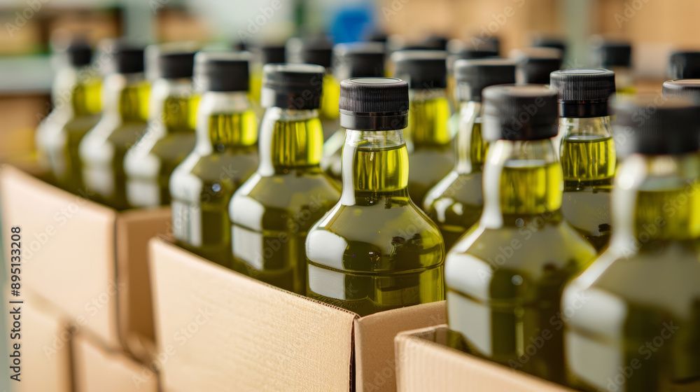 Aufkleber bottles of olive oil being packed into boxes for distribution, warehouse setting with neatly stacked