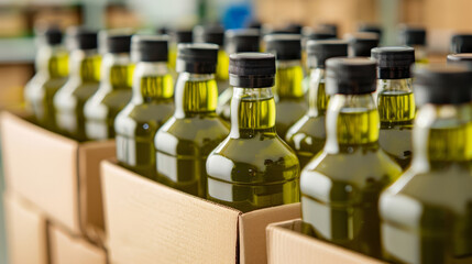 Bottles of olive oil being packed into boxes for distribution, warehouse setting with neatly stacked boxes 