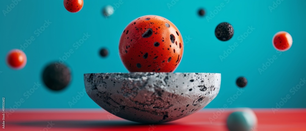 Canvas Prints  A tight shot of an egg in a bowl against a scarlet background, surrounded by black and white speckles