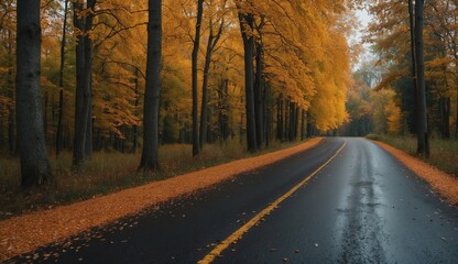 Obraz premium Scenic autumn road through a forest with orange leaves