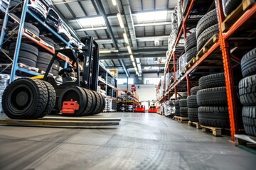 Fototapeta premium A Forklift Transporting Car Parts Across the Warehouse