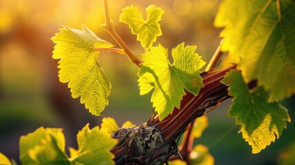 Obraz premium Fresh green leaves on ancient French grapevine Spring vineyards Close up with soft focus