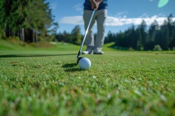 A golfer teeing up a golf ball on the tee box, adjusting its position for the perfect drive