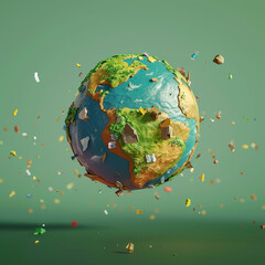 Earth globe 3D with trash around, simple earth on empty background