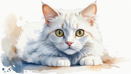 Whimsical Watercolor Portrait of Playful Cat with Bright Eyes on White Background, Showcasing Detailed Fur Texture
