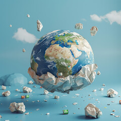 Earth globe 3D with trash around, simple earth on empty background