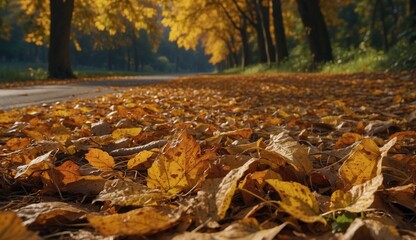 Autumn leaves covering a pathway in a forest setting.