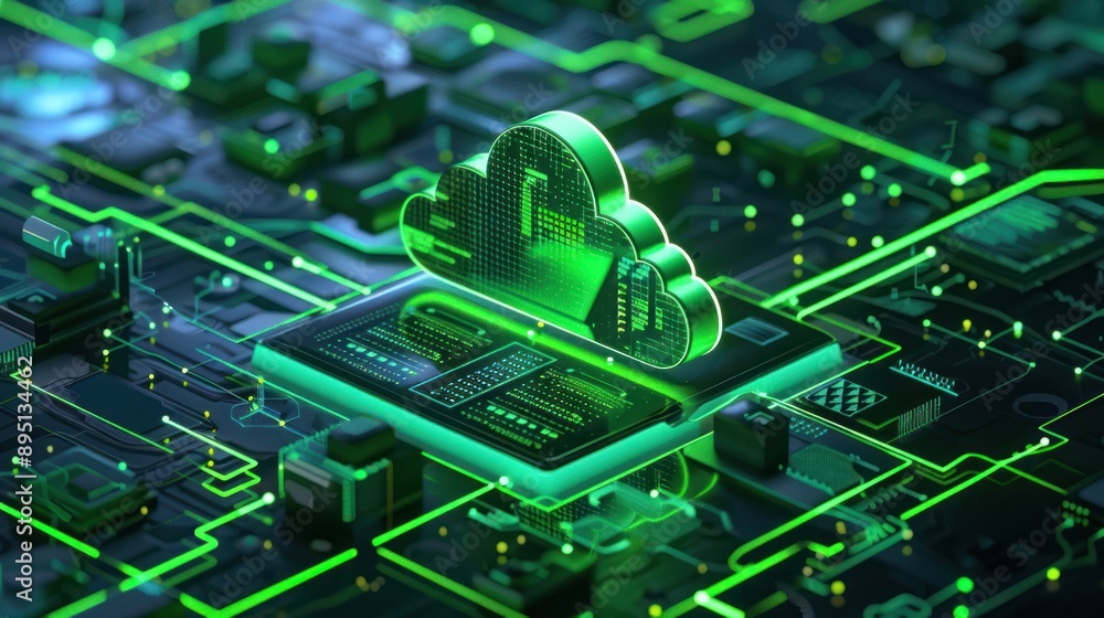 Aufkleber futuristic isometric green cloud computing and blockchain technology