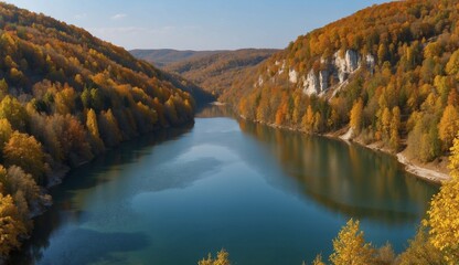 Naklejka premium Serene river flowing through autumn forest valley scene.
