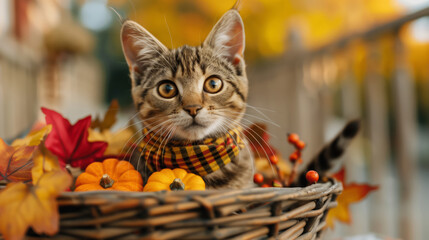 Cat wearing a festive fall bandana, sitting in a rustic basket filled with autumn leaves and mini pumpkins 