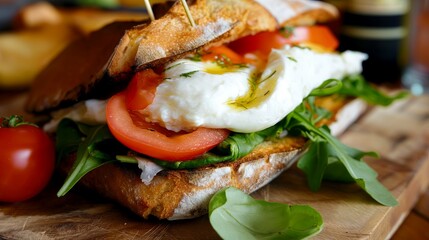 Savory Italian Burrata Sandwich with Roasted Peppers, Spinach, and Olive Oil on Whole Wheat Bread