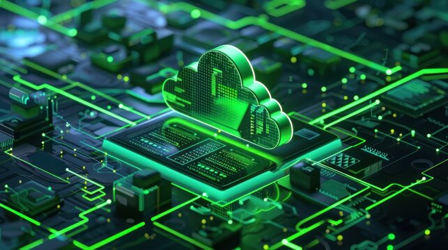 Futuristic isometric green cloud computing and blockchain technology