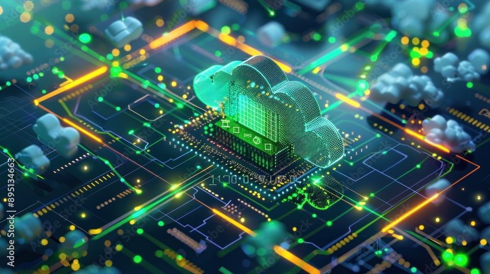 Aufkleber futuristic isometric green cloud computing and blockchain technology