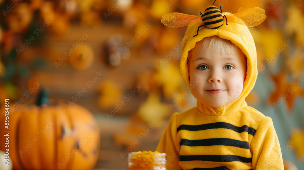 Poster Child in a bumblebee costume, standing next to a pot of honey, surrounded by Halloween decorations and autumn leaves 