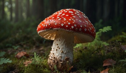 Fototapeta premium Amanita muscaria mushroom in forest, red with white spots.