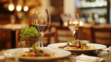 Elegant Dining Setting with Wine and Gourmet Food on a Cozy Evening