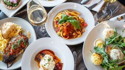 Assorted Italian Dishes with Wine on a Fine Dining Table