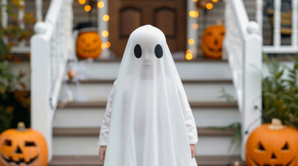 Child wearing a ghost costume, with a white sheet and cut-out eye holes, standing on a decorated porch with pumpkins and Halloween lights 