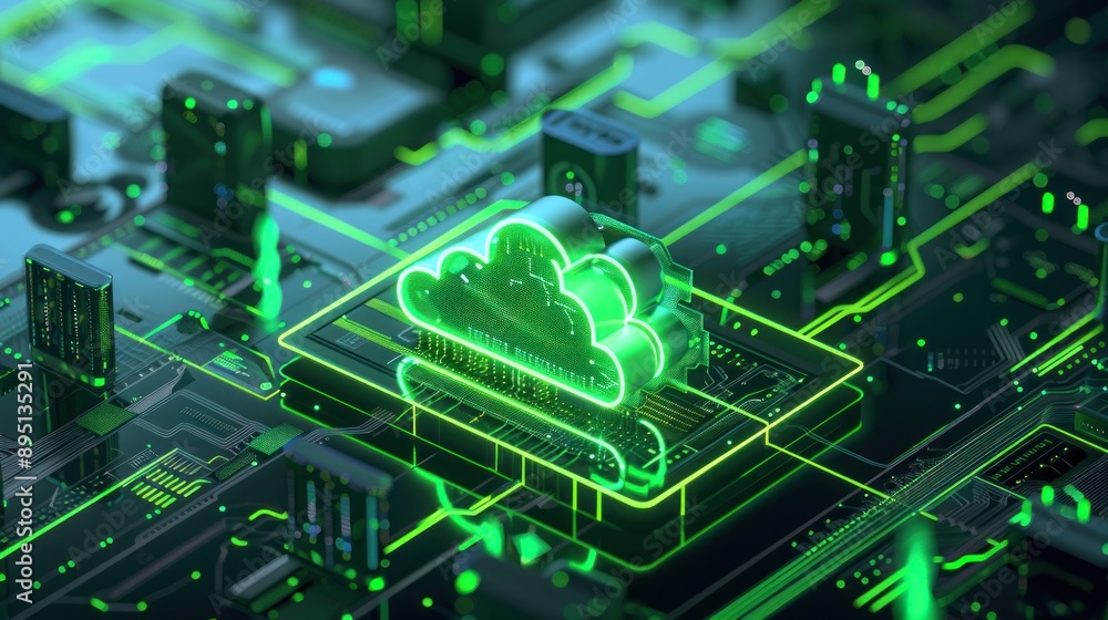 Poster futuristic isometric green cloud computing and blockchain technology