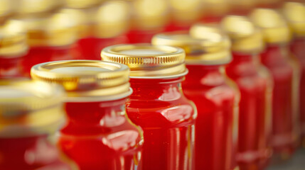 Close-up of cactus jelly jars, bright red jelly made from prickly pear, neatly labeled and ready for sale 