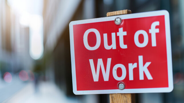 Close-up of an Out of Work sign on a closed storefront, blurred background 