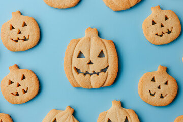 Cookies pattern in a shape of a Halloween pumpkin isolated on a blue background 