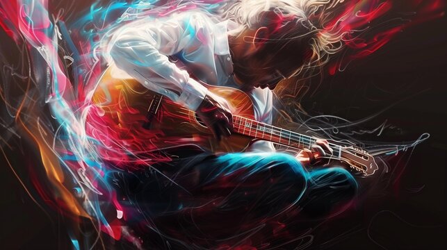 Dynamic guitarist immersed in a passionate performance, surrounded by colorful, abstract light trails - Powered by Adobe