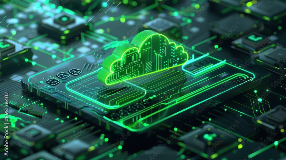 Aufkleber futuristic isometric green cloud computing and blockchain technology