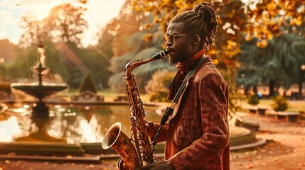 A saxophonist in a stylish outfit plays soulful jazz music in a serene park during sunset.