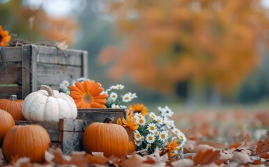 Autumn Pumpkins and Flowers