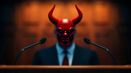 Devil politician giving a fiery speech at a podium, sharp horns, red glowing eyes, and a devilish grin, dark background, dramatic lighting 