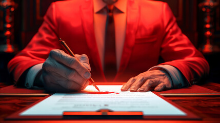 Devil politician signing a document with a sinister smile, clawed hands, ornate desk, glowing red ink, dark room 