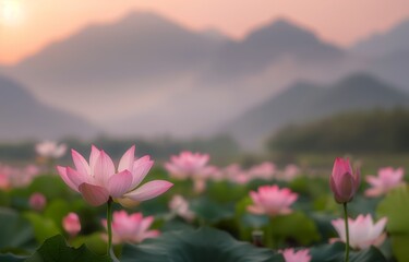 Obraz premium Pink Lotus Flower Field at Sunrise