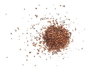 Aromatic portion of ground coffee on a bright background.