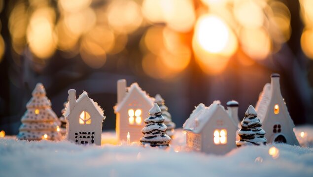 The charming Christmas village scene in winter is peaceful and festive with sparkling lights, creating a magical and serene atmosphere as the sun sets, evoking calm and celebration