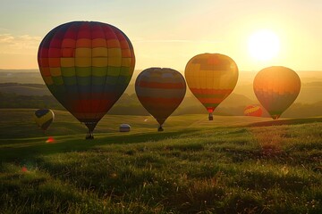 Obraz premium Colorful Hot Air Balloons Soaring Over Grassy Field At Sunset